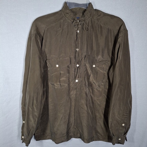 Polo Ralph‎ Lauren Top Womens Medium Green Silk 1/4 Button Long Sleeves Collared - Picture 1 of 13
